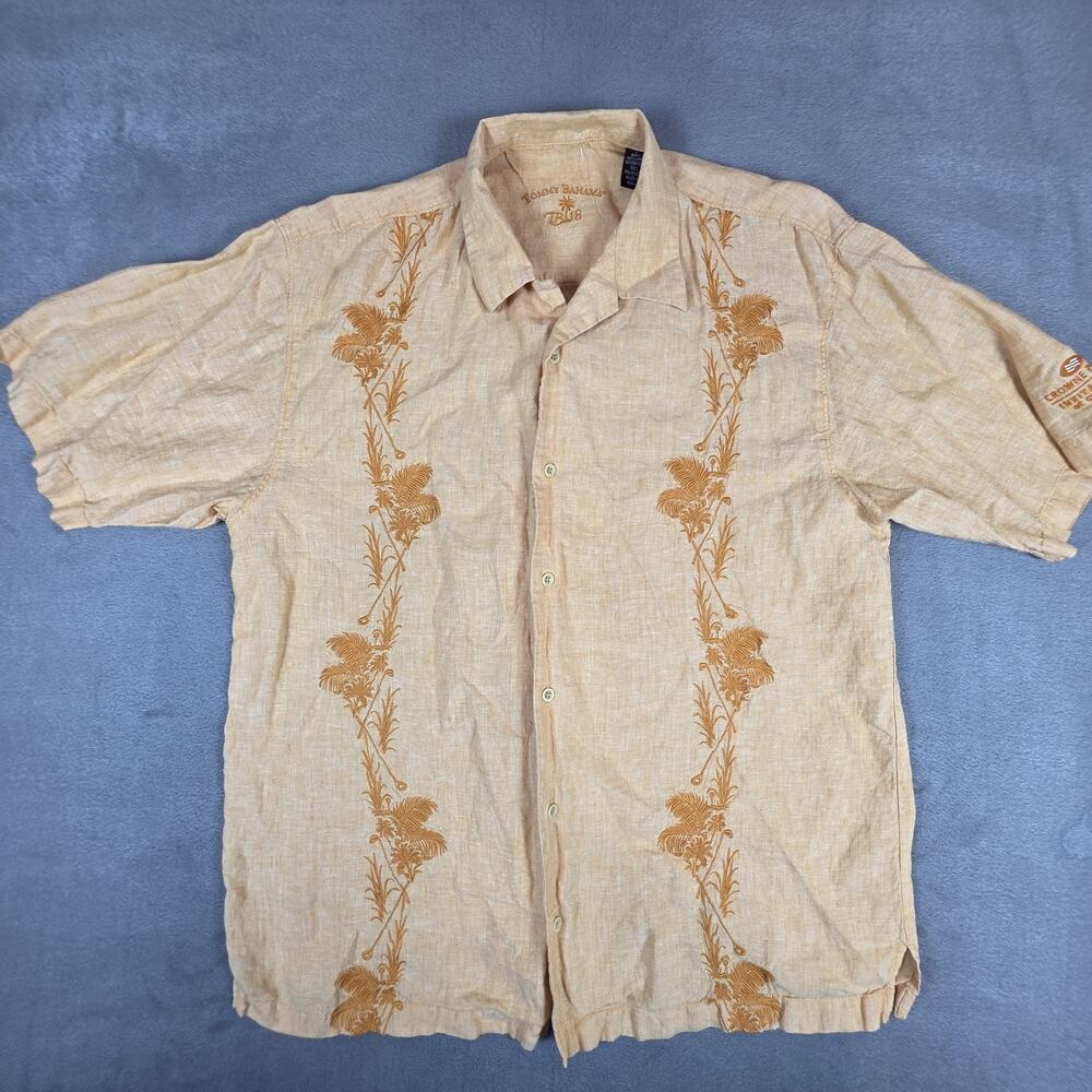 Tommy Bahama TB18 Linen Shirt Mens XL Peach Orange Embroidered Camp Casual